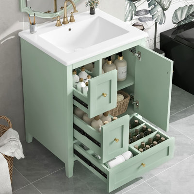 Meuble-lavabo de 24 po avec lavabo en céramique, armoire de rangement avec séparateurs amovibles