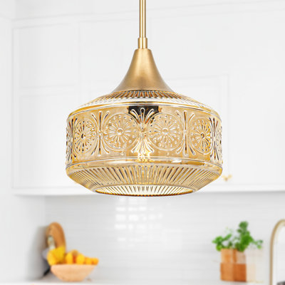 Large Amber Glass Pendant Light with Brushed Gold Finish, Adjustable Hanging Cord for Kitchen Island, Dining Room, Farmhouse & Industrial Decor