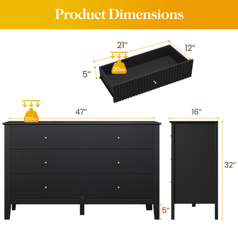 47.2 " W 6 - Drawer Dresser, Black