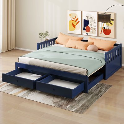 Lit de jour extensible convertible en lit king-size avec lit gigogne et 2 tiroirs intégrés, cadre de lit convertible en bois avec barrières de sécurité et sommier à lattes.