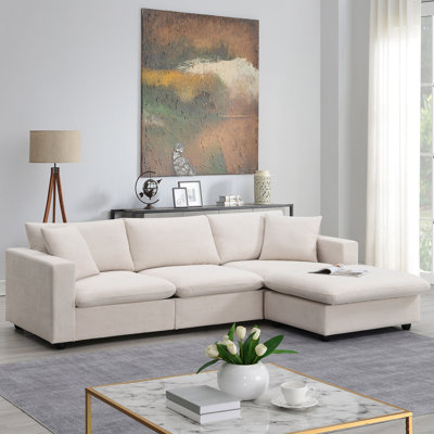 101*66" Modern Sectional Sofa With Throw Pillows,Cloud L-Shaped Couch Set With Wide Seat,4 Seat Polyester Comfy Fabric Couch Set With Movable Ottoman