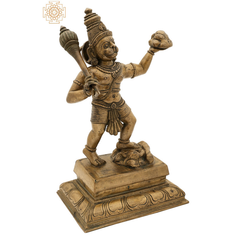 Statue en bronze de Panchaloha fait à la main 12 "Hanuman Ji soulevant la montagne Sanievani Booti, Madhuchista Vidhana, cire perdue de Swamimalai, décor spirituel traditionnel indien