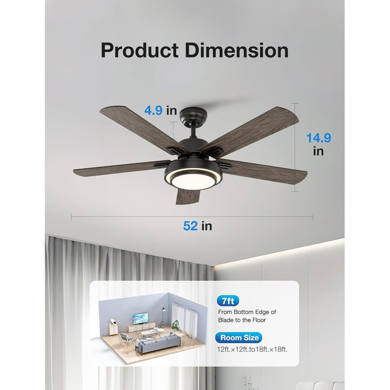 Ventilateur de plafond avec lumières, télécommande, 52 pouces, (5 pales), Noir, Gris