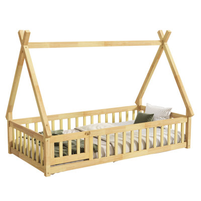 Natural Twin Bed With Tent - Shaped Frame And Guardrail, Quality Rubber Wood, Minimalist Style, Stable For Night's Sleep Teepee Fence Guardrails, Wood Construction, Contemporary Style Appeal, Ideal