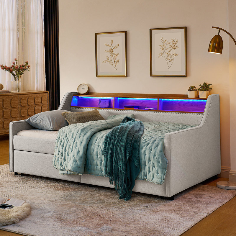 Twin Size Upholstery Sofa Bed With Three LED Lights, With Storage Adjustable Headboard, Beige