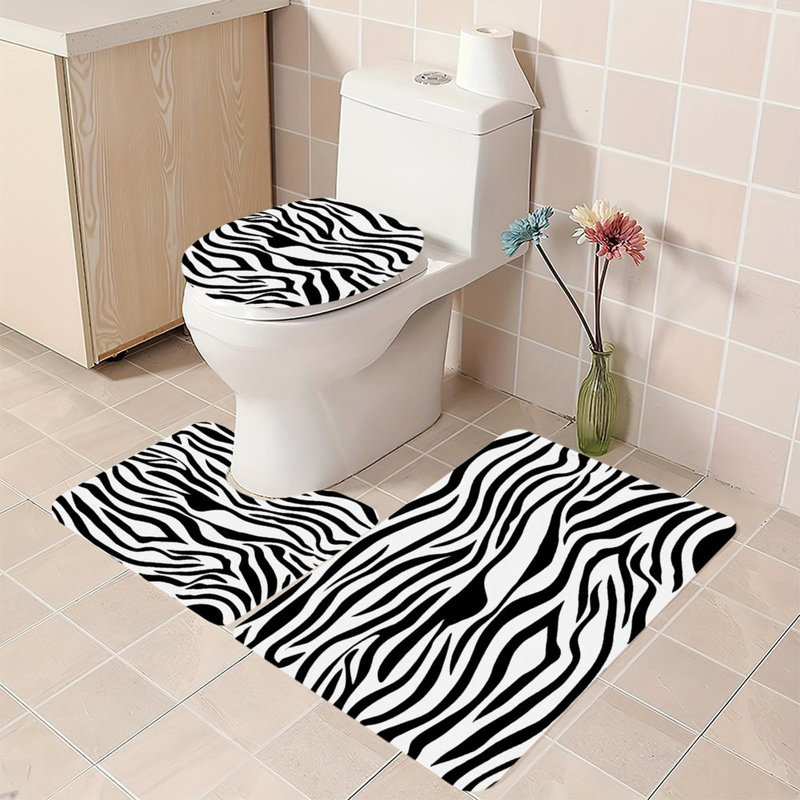 Zebra Stripe Print Set of 3 Shower Bathroom Rug Kit Black