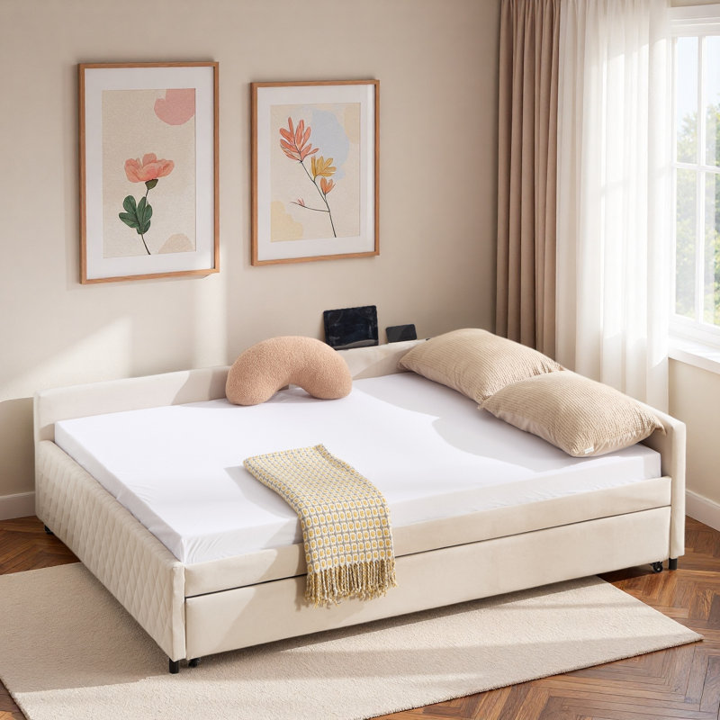 Upholstered Daybed With Trundle And Usb, Beige