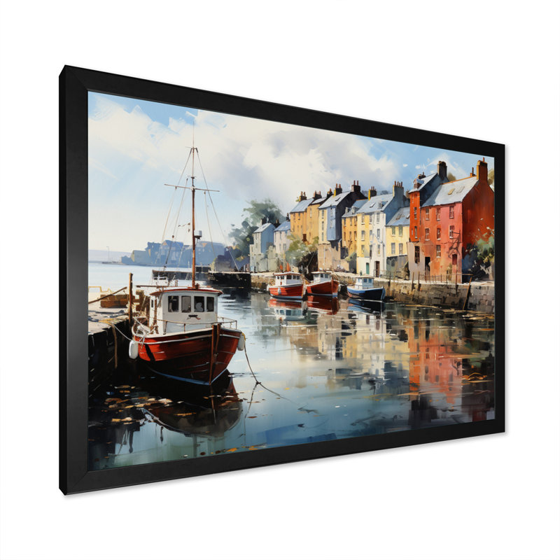 «Ireland Peaceful Harbor Villagean», art mural Irlande, H 30 po x l 40 po x P 1,5 po, Cadre simple noir