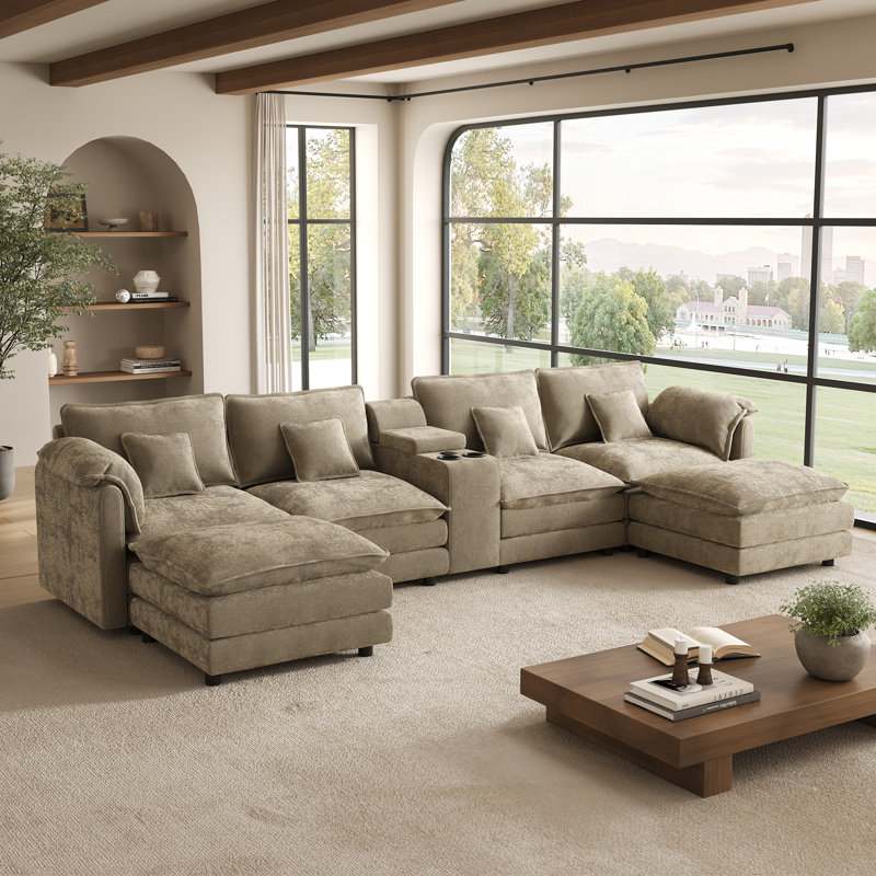 Canapé modulaire en U surdimensionné en chenille avec double console USB et repose-pieds, Brown Chenille