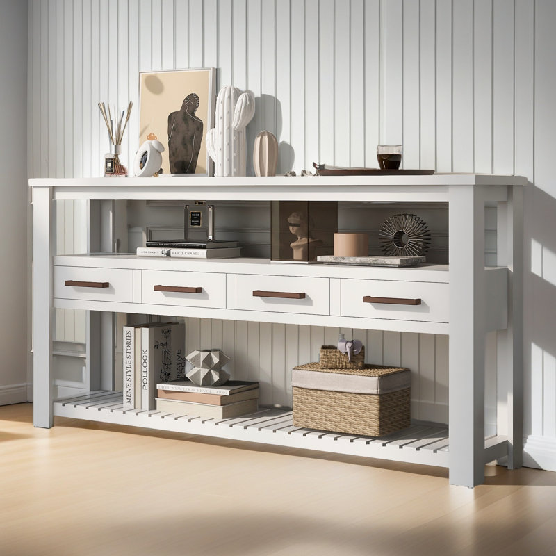Console moderne pour salon avec 4 tiroirs et 2 tablettes, Blanc