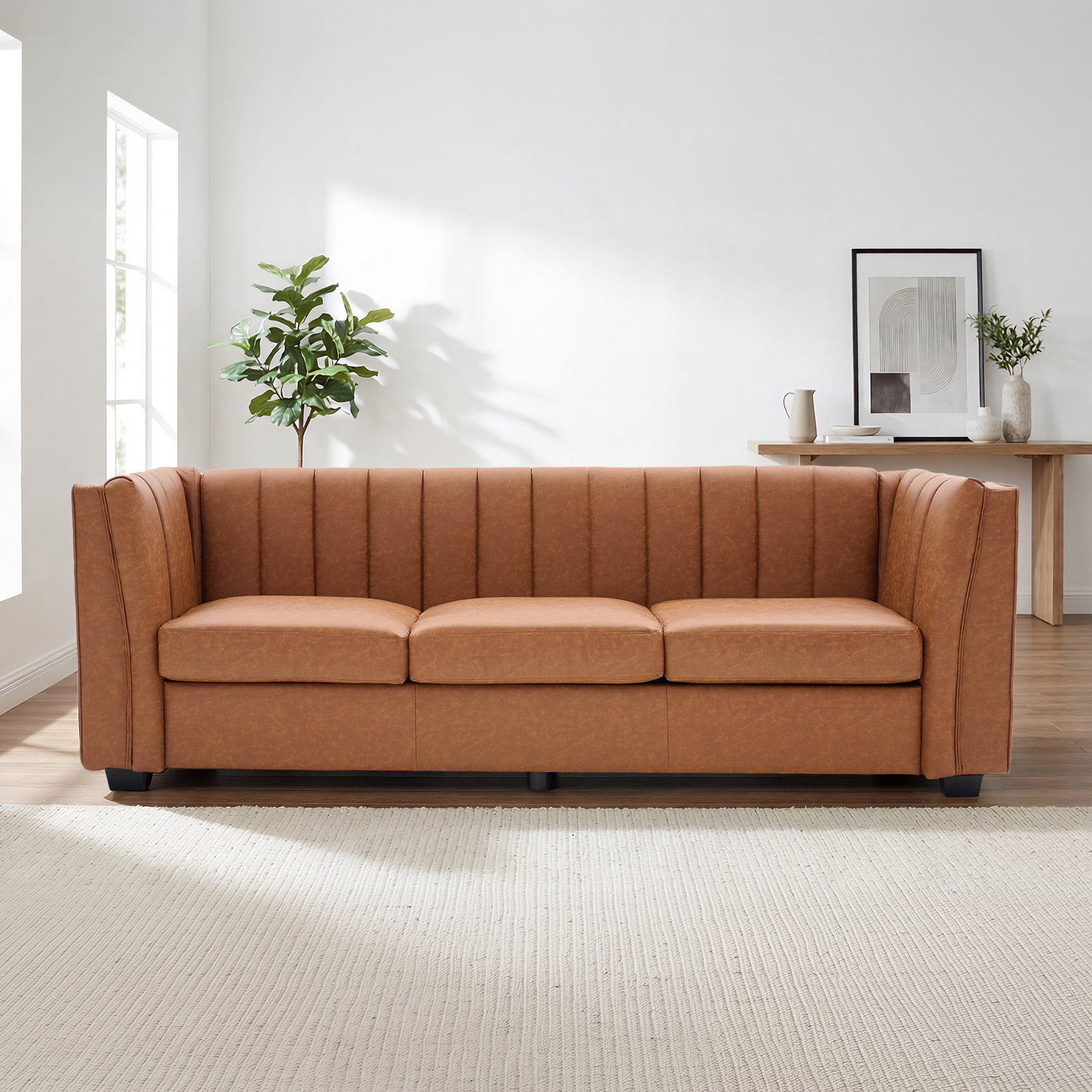 89" Velvet Sofa, Brown Faux Leather