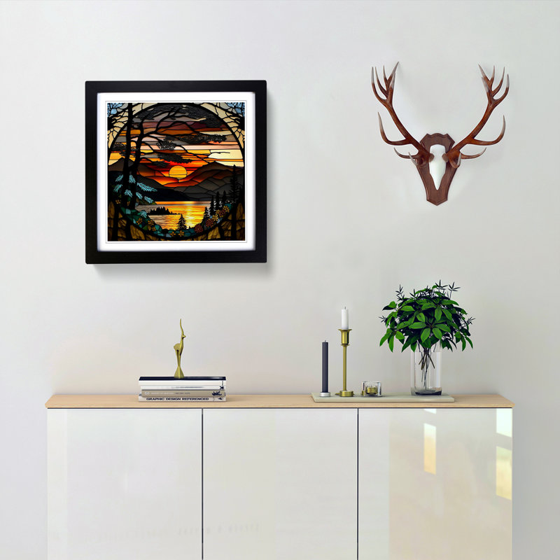 Sunrise Stained Glass Effect - Single Picture Frame Print on Wood, Black