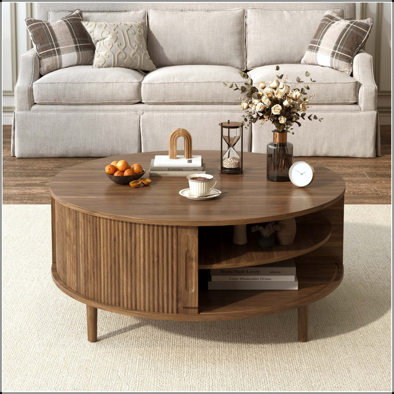 Table basse ronde à plateau relevable avec porte coulissante, pieds en pin et finition ondulée, Antique brown