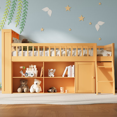 Grand lit mezzanine avec rangement et tête de lit à DEL - Lit en bois peu encombrant, naturel