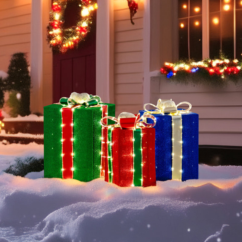 Festive 3-Piece Lighted Christmas Gift Box Set for Indoor/Outdoor