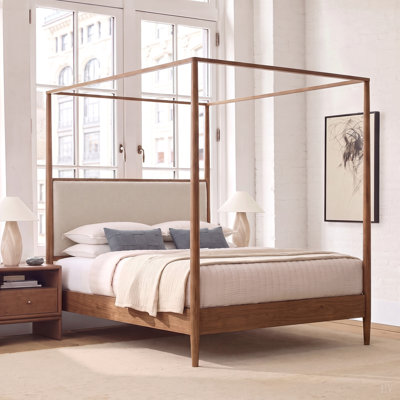 Structure de lit à baldaquin en bois massif de style Mid-Century avec tête de lit tapissier Boucle, lit plateforme à 4 colonnes avec pieds fuselés, aucun sommier requis, assemblage facile