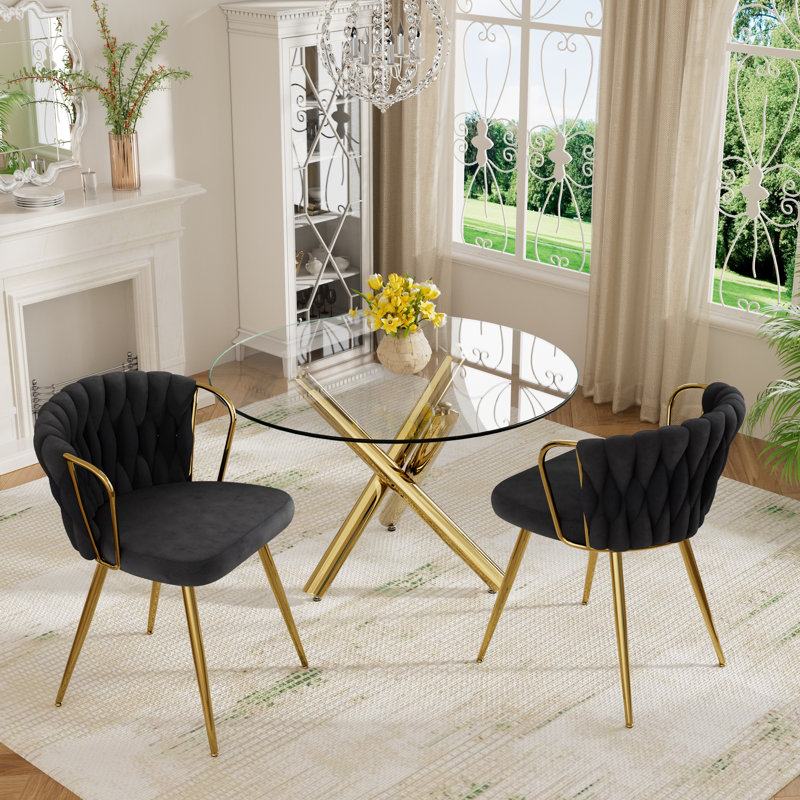 Elegant Round Glass Dining Table Set, Black, 3 Pieces: Table, 2 Chairs, Gold