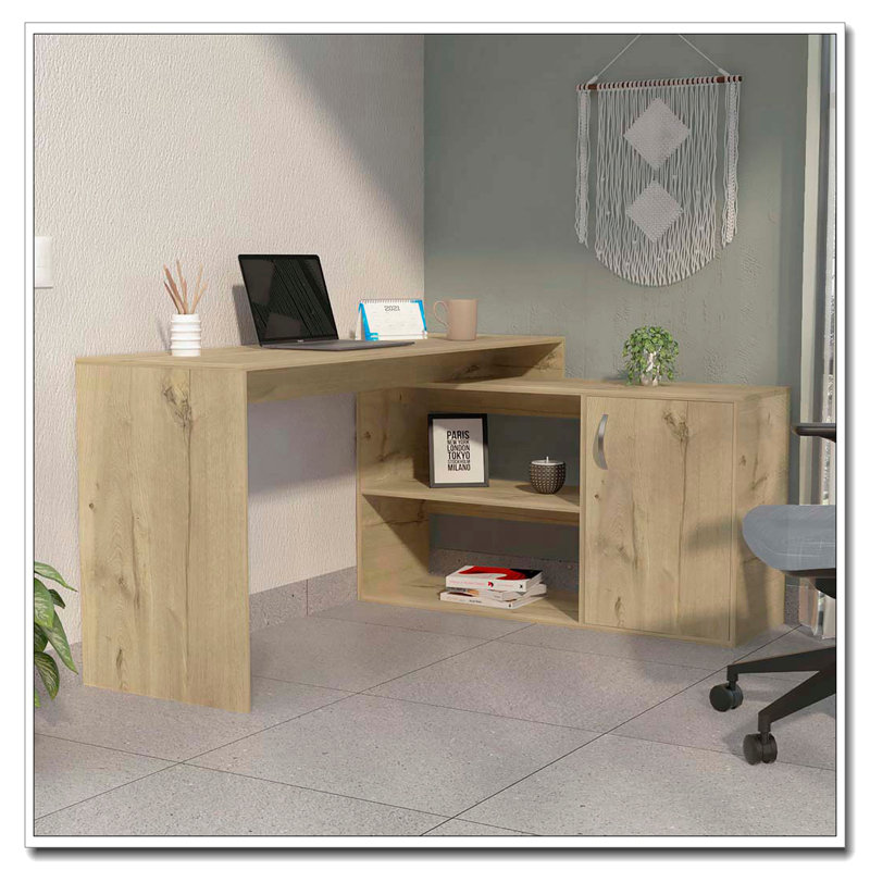 Bureau en L Lyncliff à 1 tiroir et 2 tablettes en chêne clair, Chêne clair