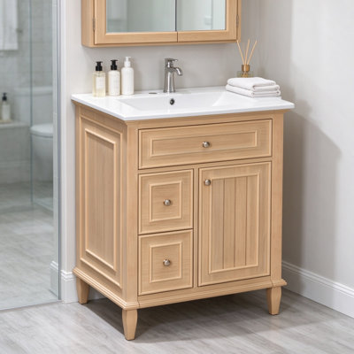 Meuble-lavabo 24 po avec lavabo, meuble-lavabo de ferme avec 1 tiroir rabattable et 2 tiroirs de rangement, tablette intérieure réglable, bois massif et panneau de fibres à densité moyenne, finition bois naturel