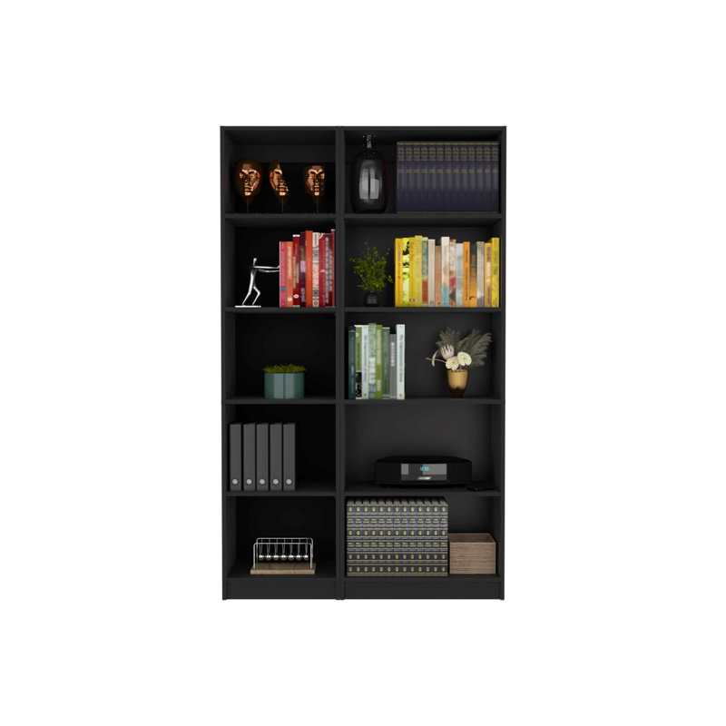 Ensemble de bibliothèque 2 pièces, 42 po de large avec 10 tablettes, ensemble de salon, Noir