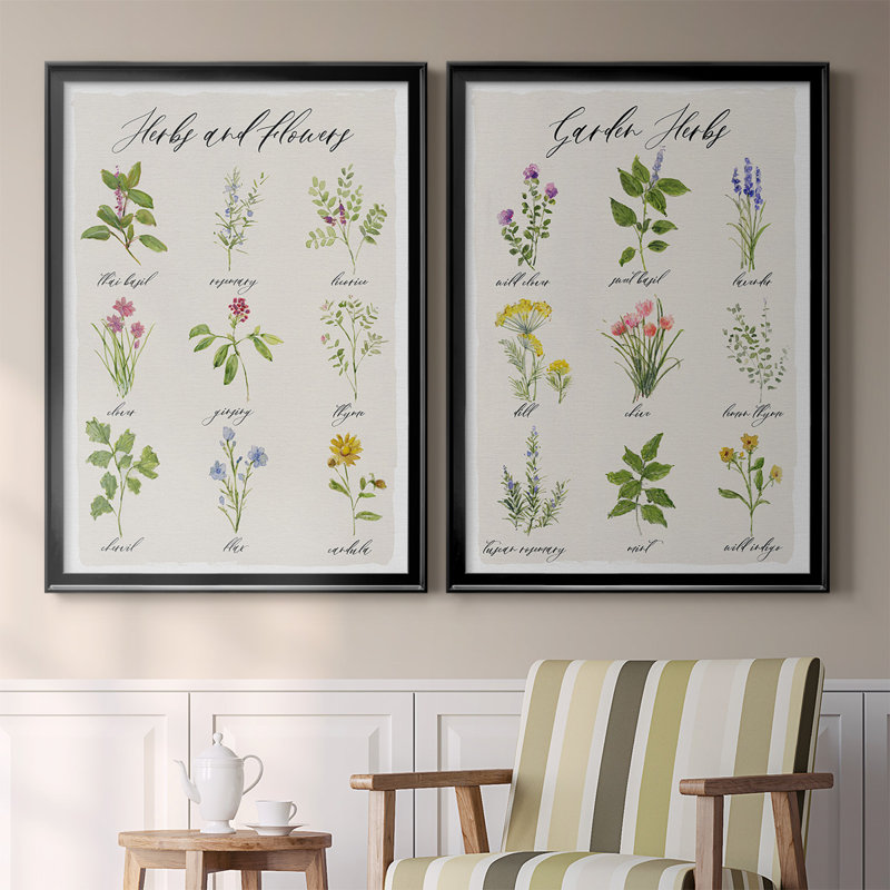 Herbes et fleurs, toile encadrée de qualité supérieure - prête à être accrochée, Noir, H 24,5 po x l 37 po x P 1,25 po
