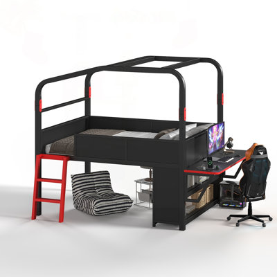 Full Low Loft Bed with Side Desk, USB Ports, LED Lights, and Gaming Style