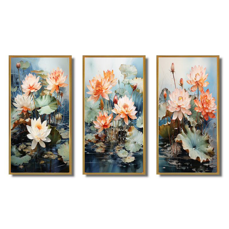 «Asian Art Lotus Pond», 3 pièces, Encadrement doré, H 28 po x l 36 po