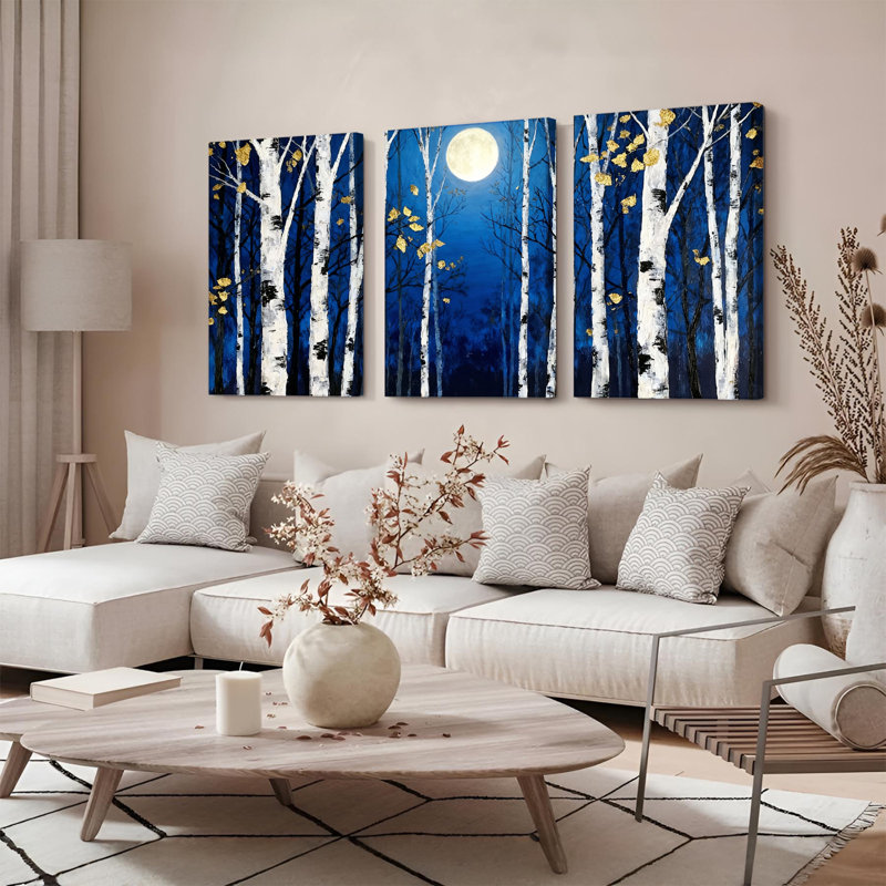 Tableau sur toile tendue « Forêt de bouleaux au clair de lune » (Ensemble de 3), H 36 po x l 72 po