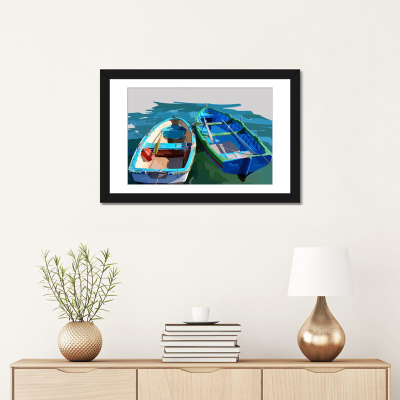 « bold bateaus iii », reproduction sur toile, H 24 po x l 32 po x P 1 po, Papier beaux-arts encadré noir, Blanc