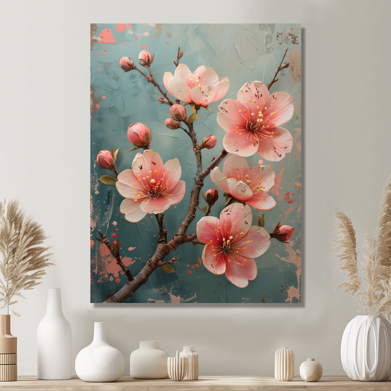  «Pink Gray Cherry Blossom Feminine Charm II - Décoration murale cerisier en fleurs, Encadrement argenté, H 12 po x l 20 po
