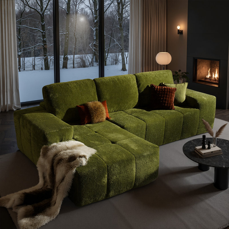 114'' L-Shaped Cloud Sectional Sofa with Chaise, Green Polyester