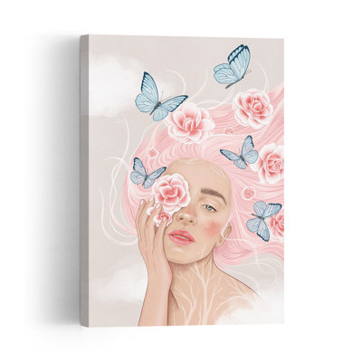Floral Fantasy Woman Abstract Contemporary Butterfly Rose Flower Portrait Wall Art Print 1 Piece Wrapped Canvas Wall Art