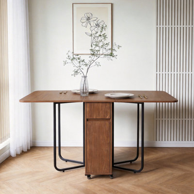 150cm Walnut Folding Dining Table with Casters, Wood Top and 2 Drawers, Frame