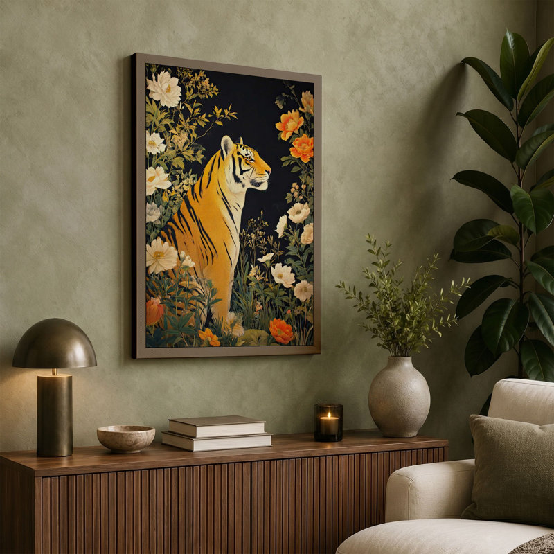 Tiger In Bloom Boho - Print, 24x16 - 61.0 x 40.6 cm, Taupe Border