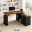 Bureau d'angle électrique en forme de L (140 cm x 120 cm) avec tiroirs de rangement, hauteur réglable, prises électriques, plateau relevable, style ferme, idéal pour le télétravail.-297264195