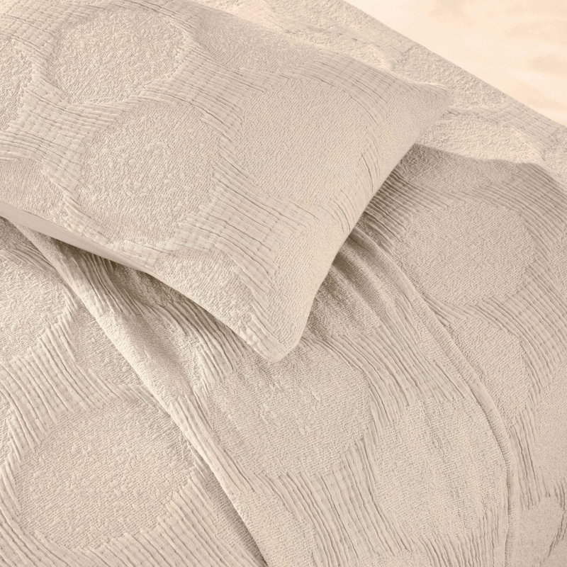 Superior Tanta Cotton Blend Medium Weight Textured Modern Geometric Pattern Coverlet, Beige, Queen Coverlet