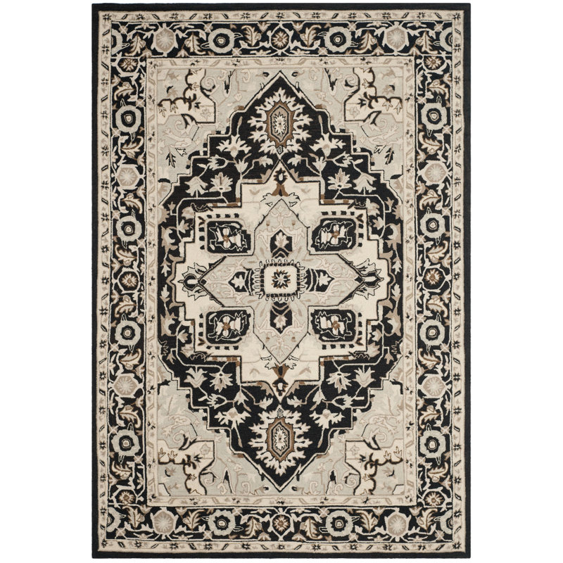 Tapis noir / naturel en laine crocheté à la main Tala, Rectangle 6 pi x 9 pi