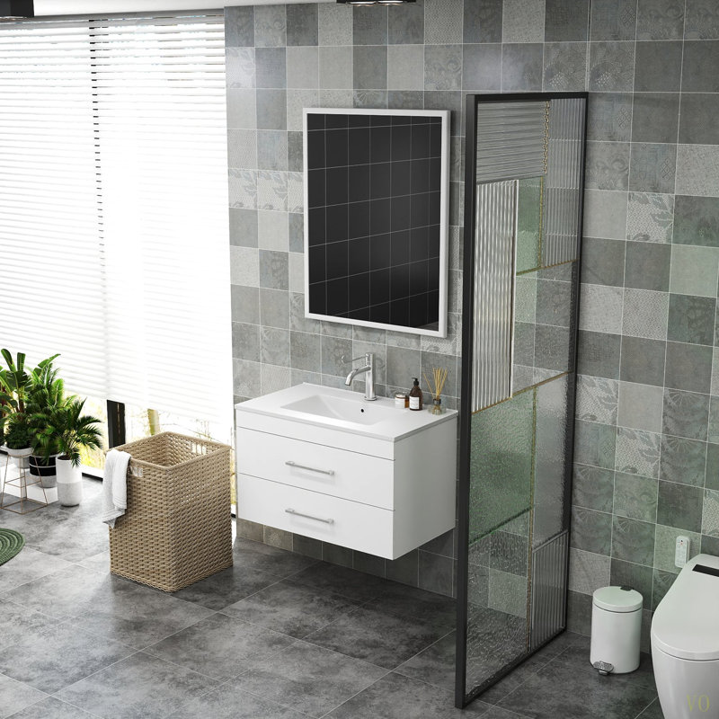 Meuble-lavabo mural de 32 pouces avec tiroirs doubles, système de fermeture en douceur, lavabo en céramique et structure en aluminium - Créez un espace de salle de bain moderne et minimaliste