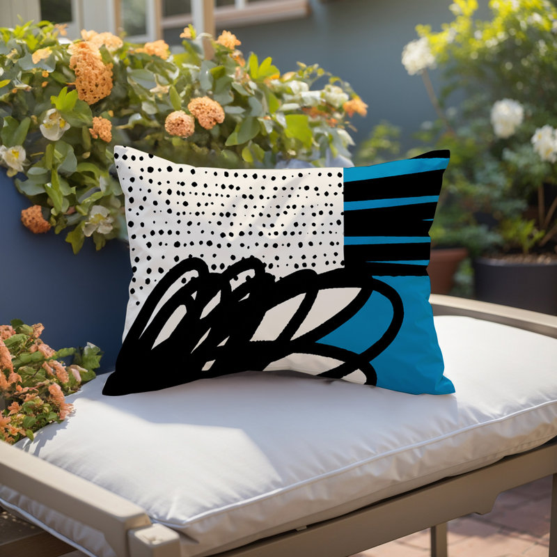Oreiller rectangulaire réversible intérieur / extérieur Jofre, H 18 po x l 25 po, Turquoise / noir / blanc cassé