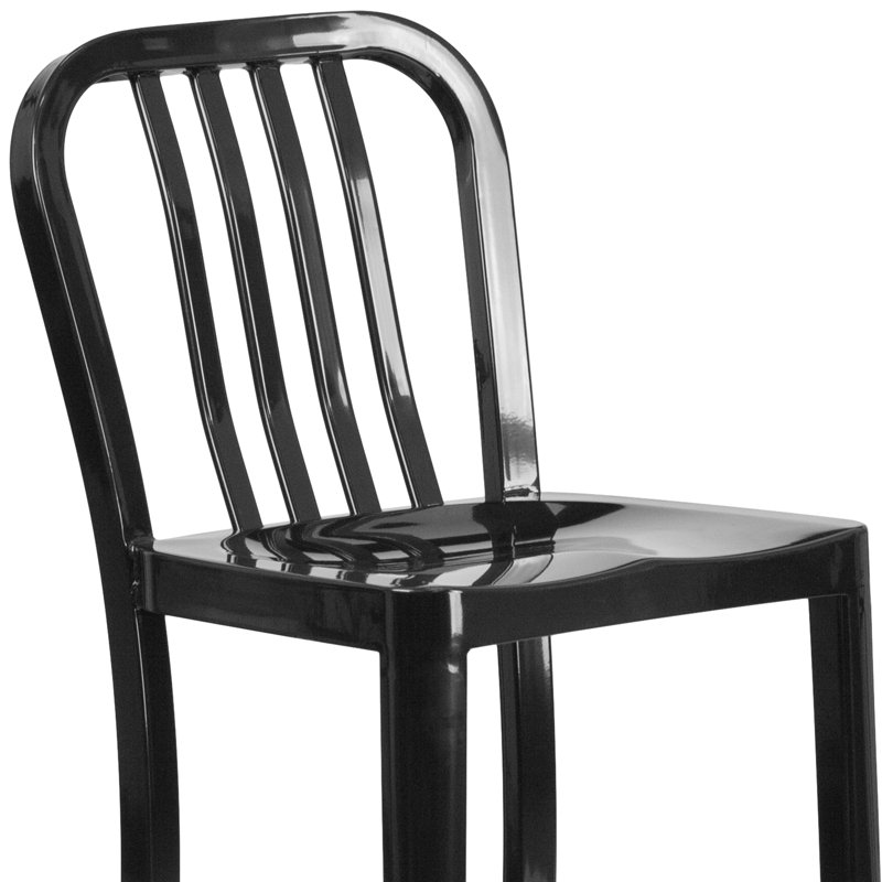 Commercial Grade Metal Indoor-Outdoor Stool with Vertical Slat Back, Black, Bar Stool (76cm Seat Height)