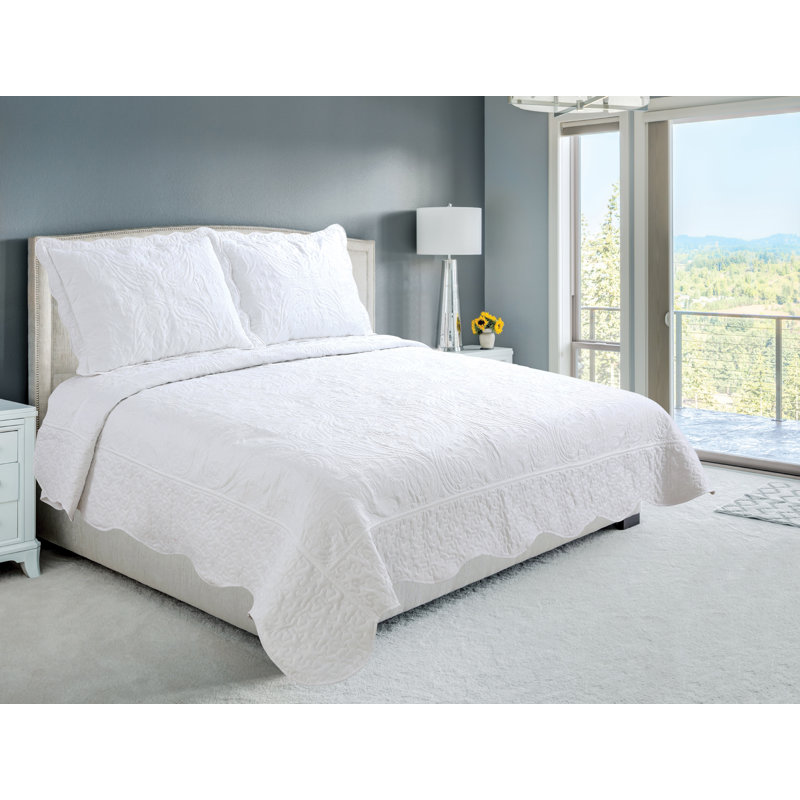 Marina Decoration Home Embroidery Bedding Stitching Coverlet Bedspread Ultra Soft Solid 2 Piece Summer Embroidered Quilt Set with 1 Quilted Sham, White Floral Paisley Pattern Twin/Single Size