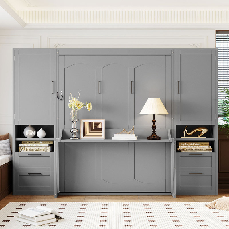 Grand lit escamotable mural avec placard, tiroirs et tablettes, gris, Queen, Grey