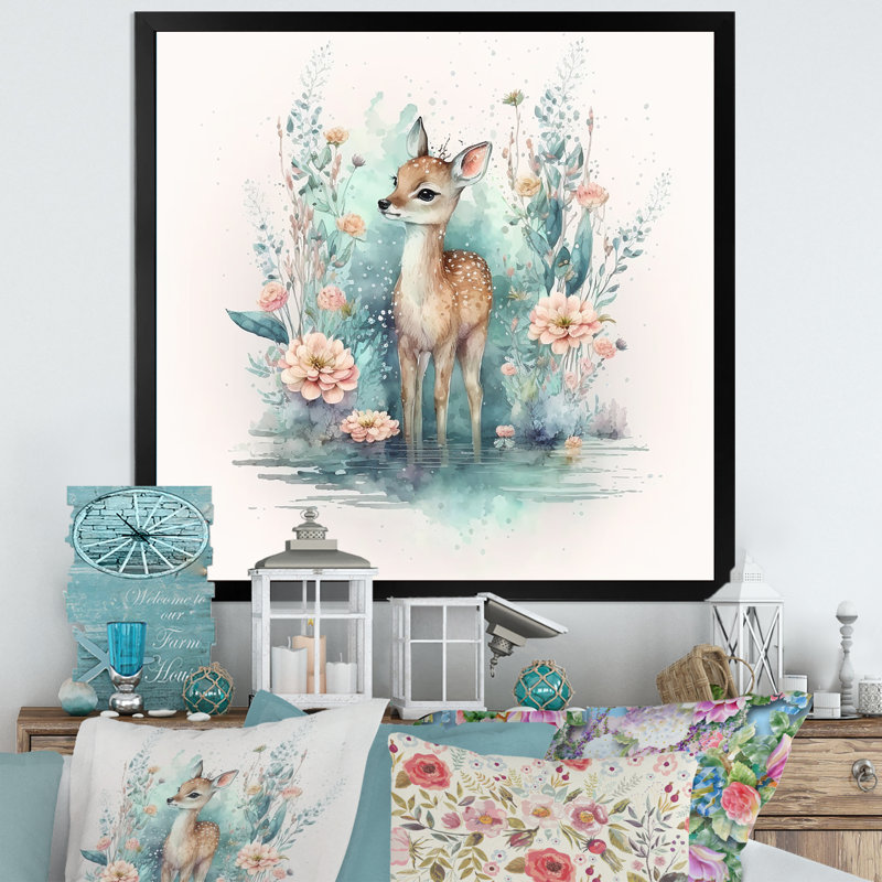 Mignon petit cerf avec fleurs roses - reproduction sur toile, L 16 po x H 16 po, Impression noire sur toile encadrée