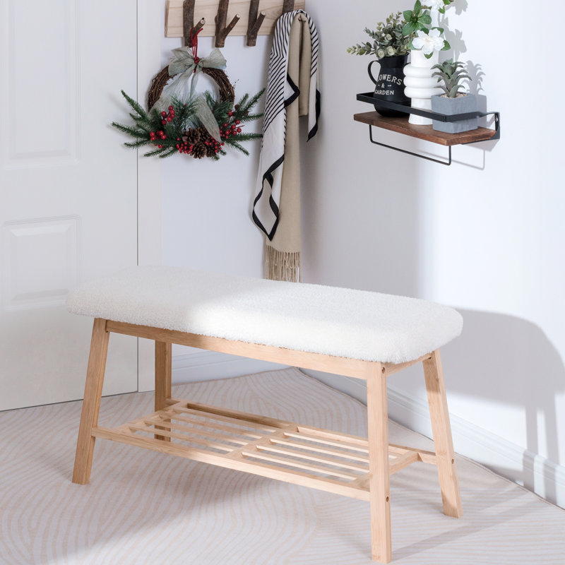 35.6" Upholstered Shoe Bench with Storage Shelf for Entryway, White Boucle Cushion, Cream, 17.5" H x 35.6" W x 13.5" D