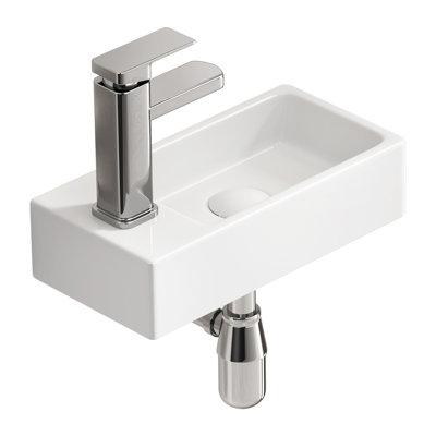 Lavabo encastré en céramique 14,79 po x 7,03 po avec raccords argentés et peu encombrant, idéal pour les petites salles de bain et le drain de vasque en porcelaine de conception minimaliste, installation facile