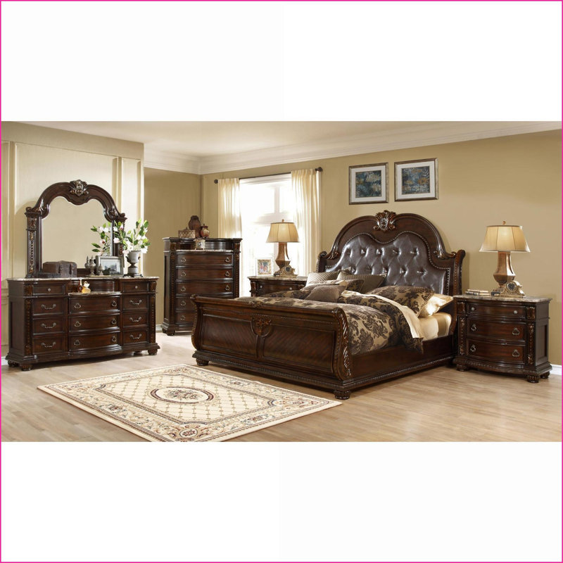 Ensemble de chambre à coucher très grand lit 5 pièces en bois d'acacia massif brun noyer foncé avec tête de lit capitonnée en marbre | Bois | Lits standard