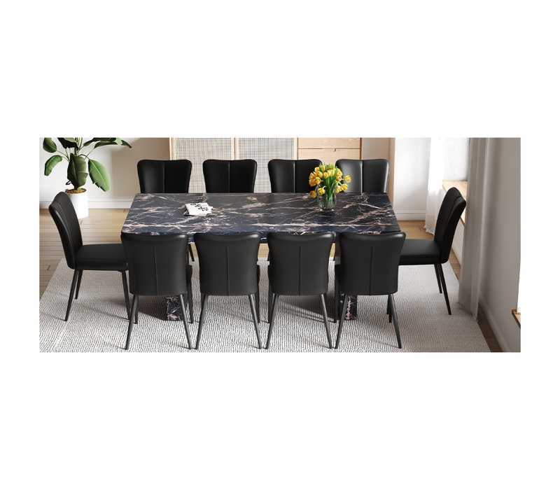 Ensemble de salle à manger luxueux en marbre noir avec 10 chaises ergonomiques en polyuréthane - Table rectangulaire moderne de 78,7 po pour la cuisine et la conférence