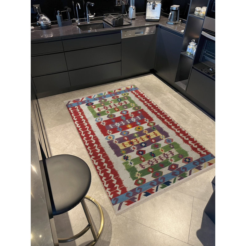 Tapis décoratif rétro multicolore à motif frangé et à motifs clairs, Tapis de couloir 3 pi 3,37 po x 6 pi 6,74 po