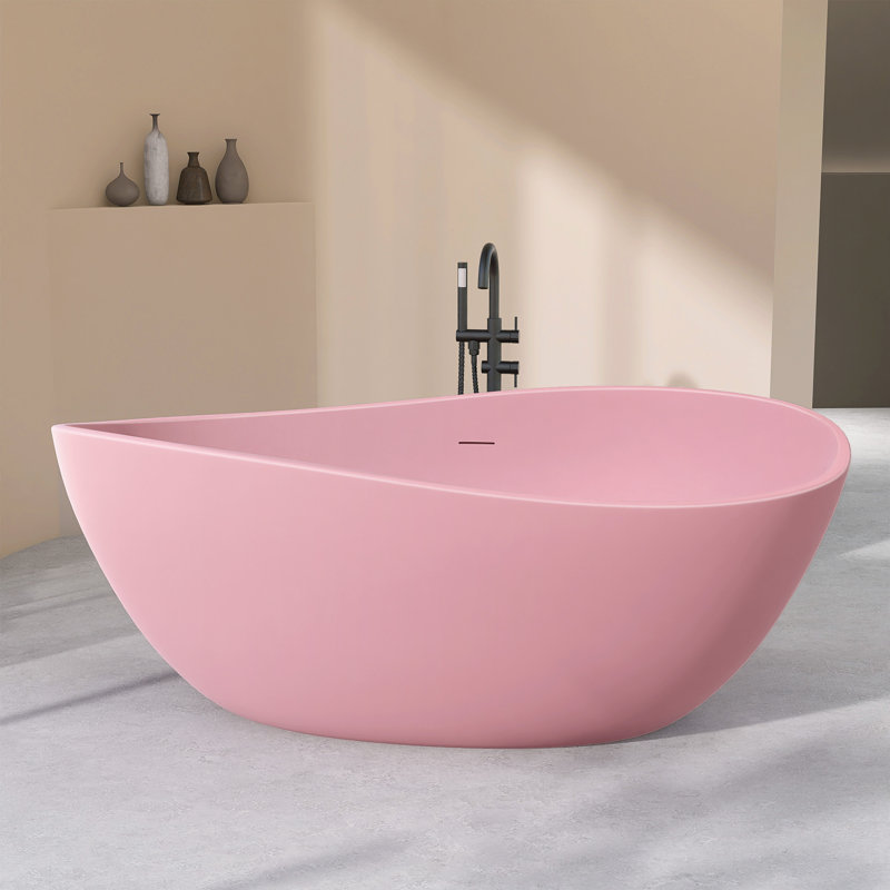 63" Matte Pink Freestanding Acrylic Bathtub Deep Soaking Tub For Bathrooms With Resin Reinforced Construction, Matte Pink