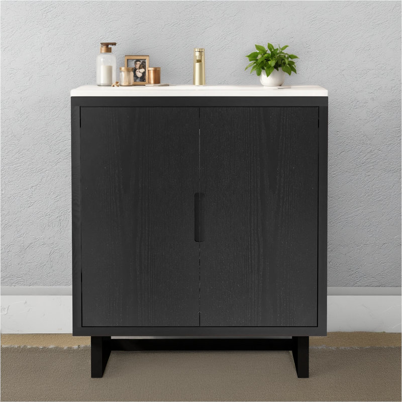 30" Solid Wood Frame Bathroom Vanity Set (includes Sink, Cabinet, And Storage), Black